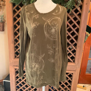 Ariat Olive Rhinestone Rose Cross Top Western Boho Womens XL Long Sleeve